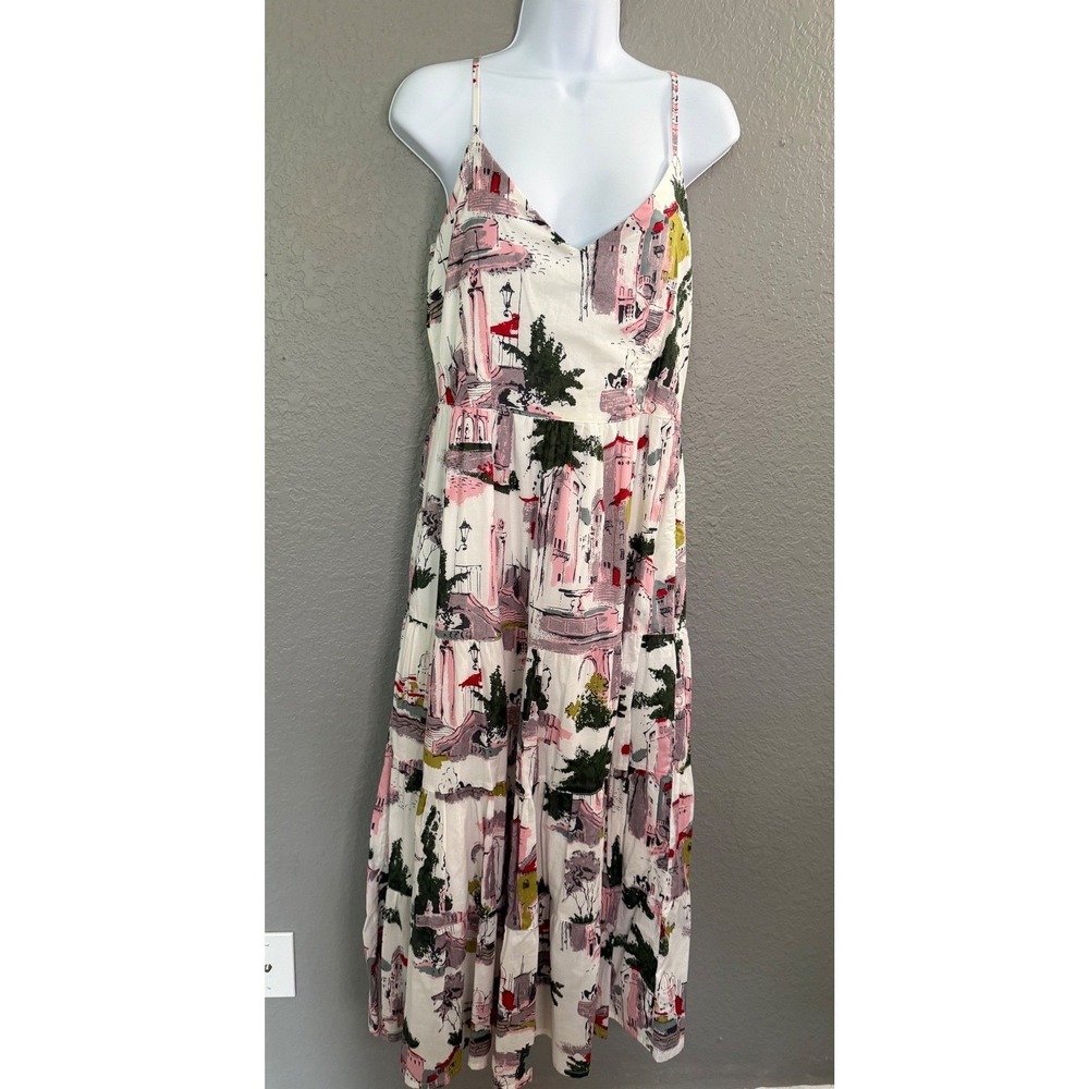 Lazybones Dress Scenic Cityscape Print Tiered Maxi MED Pink Green White Lined